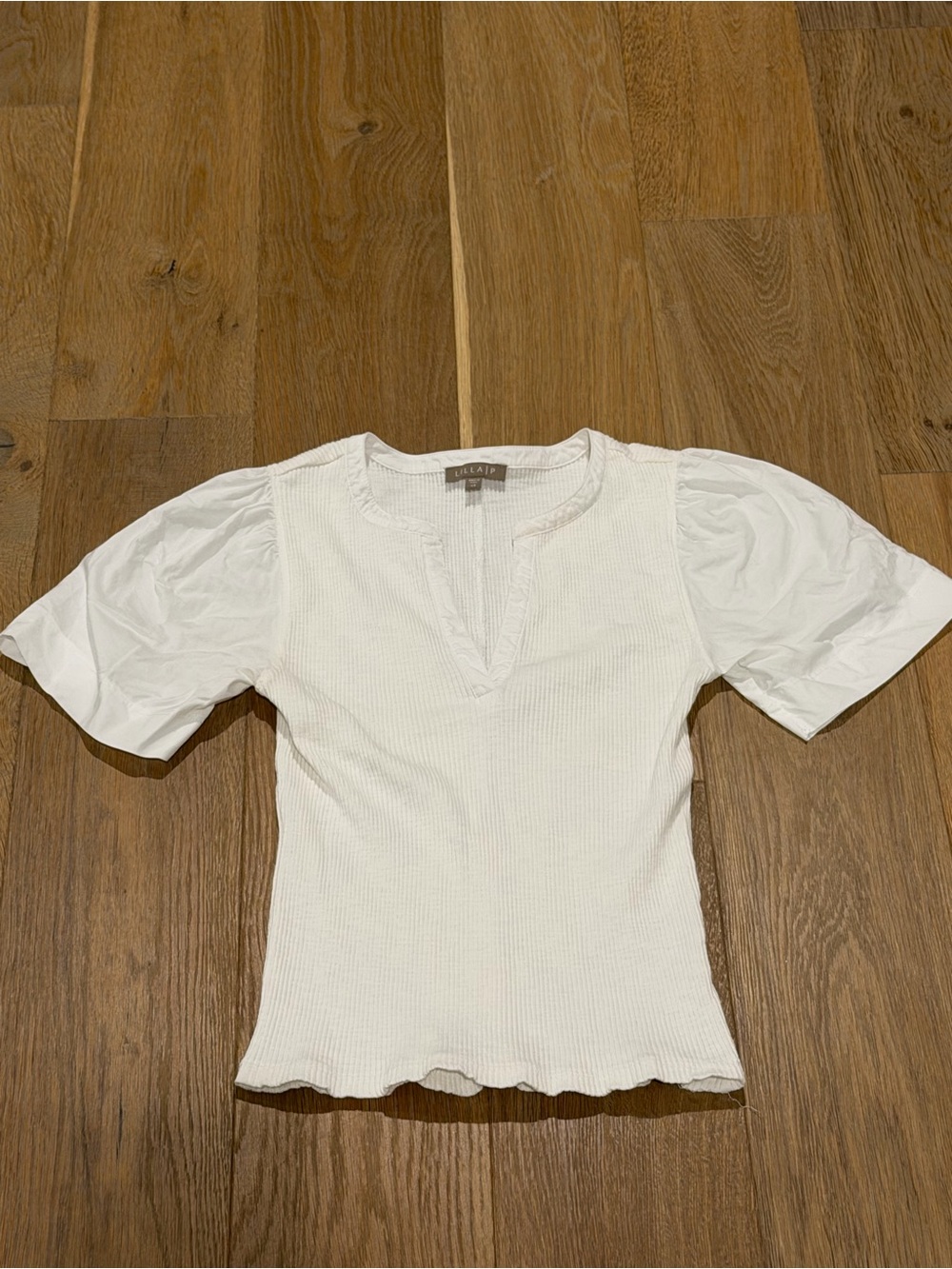 LILA P White Ribbed Puff Sleeve Ruffle Top XS